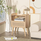 Lerliuo Rattan Nightstands Set of 2 with Charging Station, Boho Night Stand with Handmade Natural Rattan Drawer and Open Shelf, Side End Tables with Solid Wood Legs for Bedroom, Dorm, Small Spaces