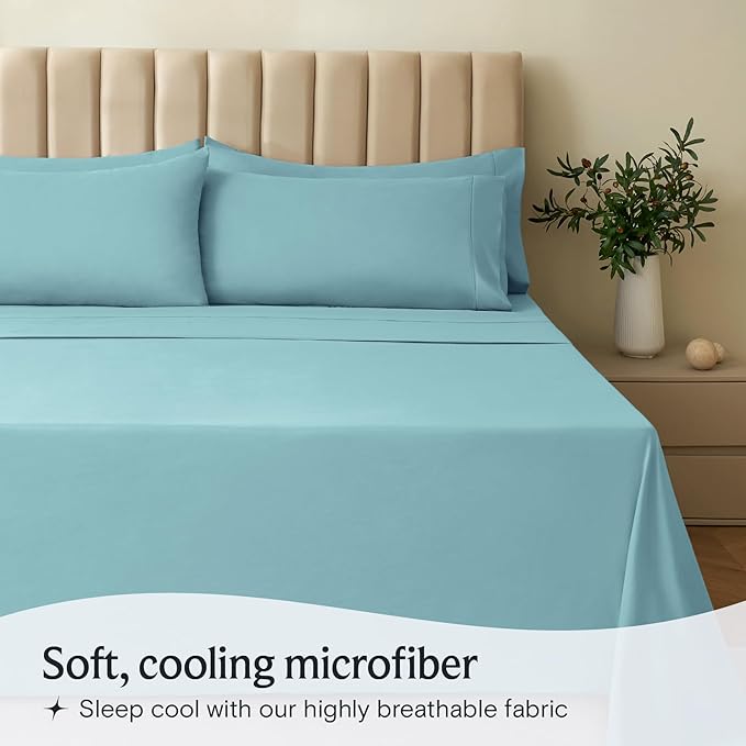LuxClub 4 PC Queen Sheet Set, Deep Pockets Wrinkle Free Cooling Bed Sheets Hotel Bedding for Women, Men, Kids & Teens, Includes 1 Fitted Sheet, 1 Flat Sheet and 2 Pillowcases - Silky Soft Aqua