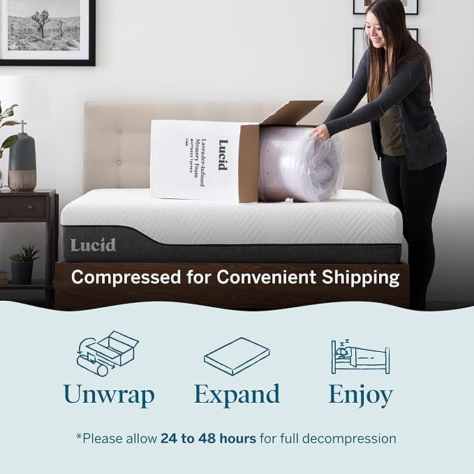 LUCID 2 Inch Lavender Infused Memory Foam Mattress Topper, Queen Size – Ventilated Design – Pressure Relieving Bed Topper - Mattress Pad – CertiPur Certified