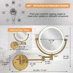 8” Wall Mounted Makeup Mirror 1X/10X Magnification, Rechargeable 2 Sided Touch Dimming with LED Lights 360 Swivel Extendable Arm Shaving Mirror, Brushed Moderne Brass