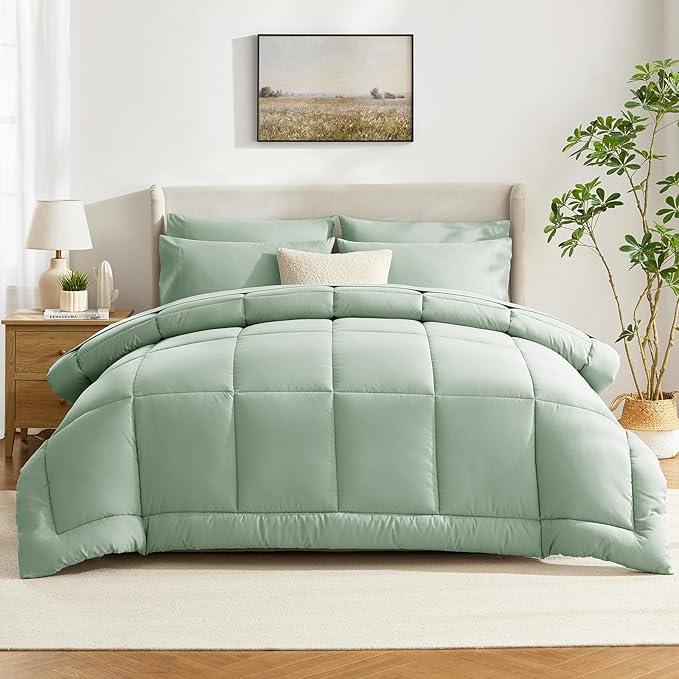 CozyLux Queen Comforter Set Sage Green, 7 Pieces Bed in a Bag, Green Comforter Queen Size, All Season Bedding Sets with Stitch Quilted Comforter, Flat Sheet, Fitted Sheet, Pillowcases