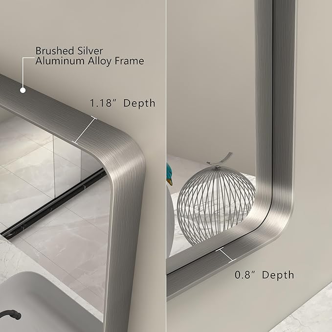 50x40 Silver Brushed Nickel Bathroom Mirror for Wall, Rounded Rectangle Silver Framed Bathroom Vanity Mirror, Anti-Rust, Shatterproof, Hangs Horizontally or Vertically