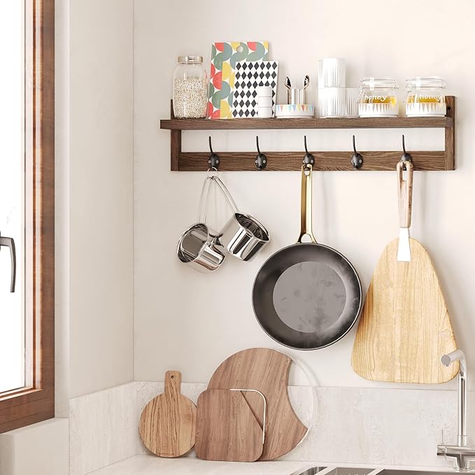 AMBIRD 28.9 Inch Length Shelf with Hooks Entryway Coat Rack Wall Mount Wood Coat Hooks with Shelf Wall-Mounted Coat Hook Rack with 5 Dual Hooks for Bathroom, Living Room, Bedroom (Brown)