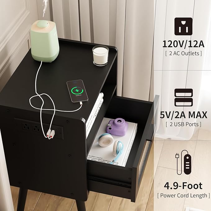 Mid Century Modern Nightstand with Charging Station, Bedside Tables with Glass Drawer, End Table Side Table with 2 Tiers Storage Space, for Bedroom, Living Room, Black