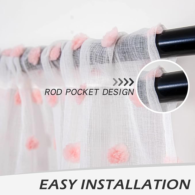 MYSKY HOME Pom Pom Sheer Curtains for Girls Bedroom Pink Curtains for Nursery 84 Inch Long Living Room Curtains 2 Panels Light Filtering Rod Pocket Semi Window Drapes 52 x 84 inch