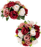 BLOSMON Flower Centerpieces Decoration for Table: 2 Pcs Burgundy & Dusty Rose & Creamy White Fake Roses Kissing Flower for Wedding - Artificial Silk Floral Arrangements Home Party DIY Decoration