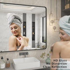 48x36 Matte Black Bathroom Mirror, Modern Rectangle Metal Framed Mirrors for Wall, Rounded Corners, Shatter-Proof (Horizontal/Vertical)