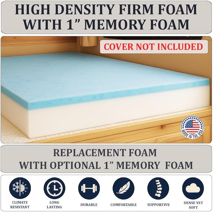 Foamma 2” x 34” x 75” Camper/RV Travel Gel Memory Foam Bunk Mattress Topper, Made in USA, Comfortable, Travel Trailer, CertiPUR-US Certified, Cover Not Included