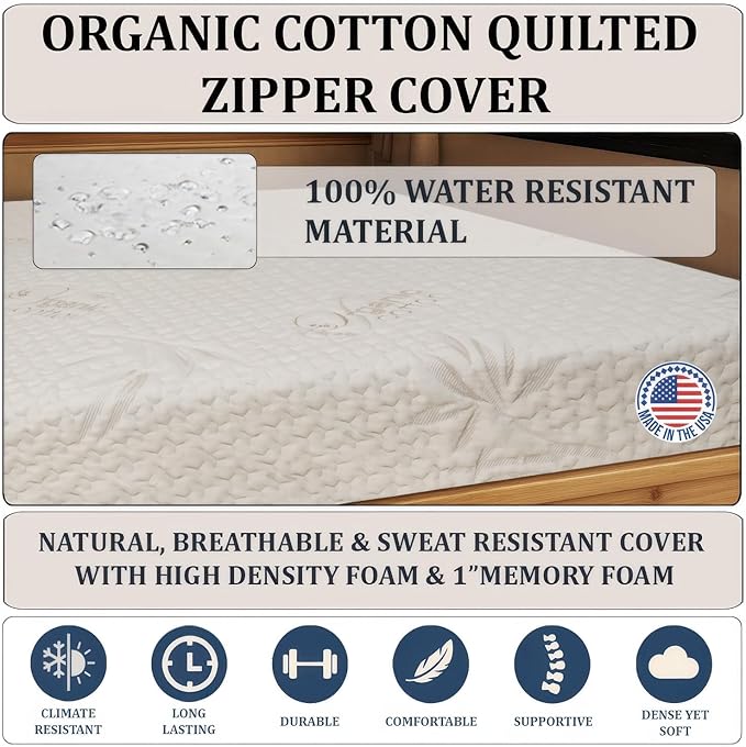 Foamma 4” x 30” x 80” Camper/RV Travel Gel Memory Foam Bunk Mattress, Organic Cotton Cover, Made in USA, Comfortable, Travel Trailer, CertiPUR-US Certified