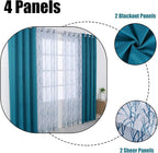 BONZER Mix and Match Curtains - 2 Pieces Branch Print Sheer Curtains and 2 Pieces Blackout Curtains for Bedroom Living Room Grommet Window Drapes, 54x63 Inch/Panel, Teal, Set of 4 Panels