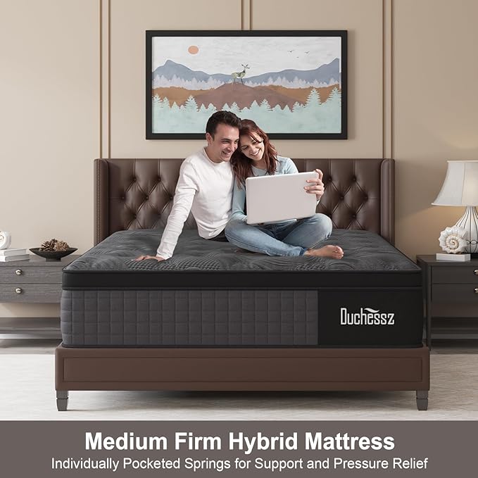 King Mattress, 12 Inch Hybrid Mattresses Black with Gel Memory Foam and Individually Pocket Innerspring Euro Top Medium Firm for Motion Isolation, Edge Support