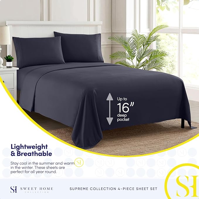 Split King Sheets - Breathable Luxury Sheets with Full Elastic & Secure Corner Straps Built In - 1800 Supreme Collection Extra Soft Deep Pocket Bedding Set, Sheet Set, Split King Size, Navy
