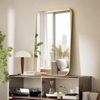 BEAUTYPEAK 20" x 28" Rectangular Aluminum Alloy Frame Wall Mounted Bathroom Mirror with Rounded Corners, Gold
