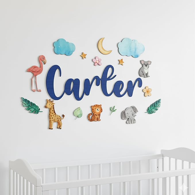 Custom Nursery Name Sign with Themed Decor Kit | Personalized Wooden Wall Art for Baby, Kids Room | Space, Jungle, Circus, Under The Sea, Woodland, Rainbow (30", Jungle/Safari)