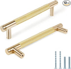 Knurled Cabinet Pulls 12 Pack, 6 Inch Long Cabinet Handles Metal Door Pulls, Kitchen Drawer Pull Knurled Dresser Handles - 5" Hole to Hole, Golden