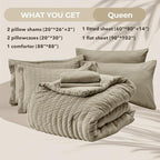 HYMOKEGE Linen Queen Comforter Set Seersucker 7 Pieces, All Season Luxury Bed in a Bag Queen for Bedroom, Bedding Set with Comforter, Sheets, Pillowcases & Shams