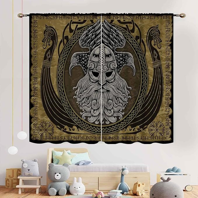 Norse Viking Curtains, Nordic Warriors Sword Celtic Rune Scandinavian Aesthetic Nation Valknut Mythology Window Drapery for Bedroom Living Room Bathroom 2 Panels, 63"x72" Inch