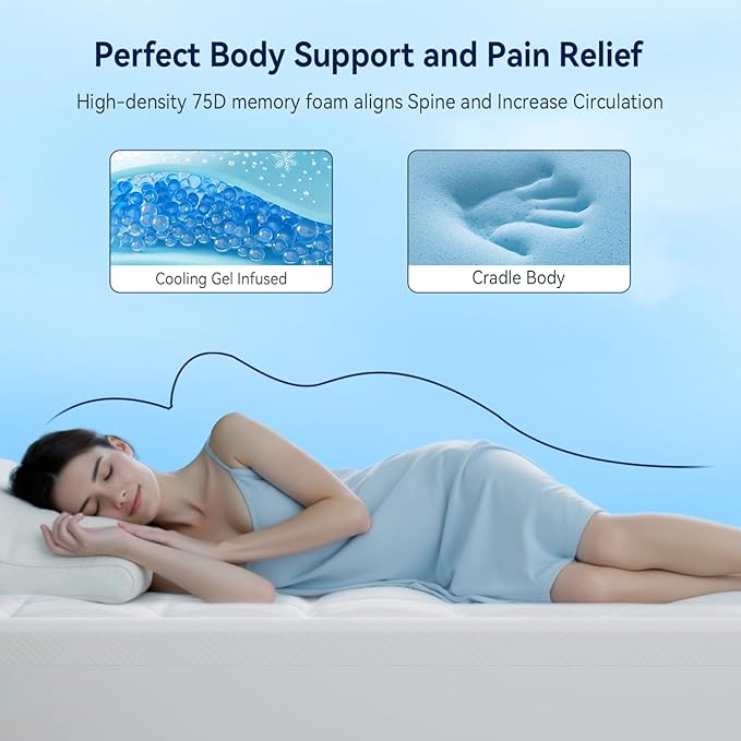 ELEMUSE Full XL Dual Layer 3 Inch Memory Foam Mattress Topper, 2 Inch Cooling Gel Memory Foam and 1 Inch Thick Soft Pillow Top Mattress Pad Cover for Back Pain Relief, Side Sleep Bed Topper