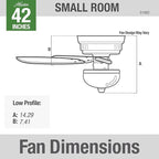 Hunter Fan Company, 51082, 42 inch Newsome Brushed Nickel Low Profile Ceiling Fan with LED Lights and Pull Chain