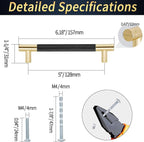 Knurled Cabinet Pulls 6 Pack, 6 Inch Long Cabinet Handles Metal Door Pulls, Kitchen Drawer Pull Knurled Dresser Handles - 5" Hole to Hole, Black & Gold