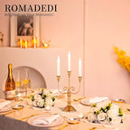 Romadedi Candelabra Gold Candle Holders - 3 Arm 11.8" Wedding Candlestick Holder for Theme Party Table Centerpiece Decor Dining Room Birthday Holiday Christmas, Set of 2