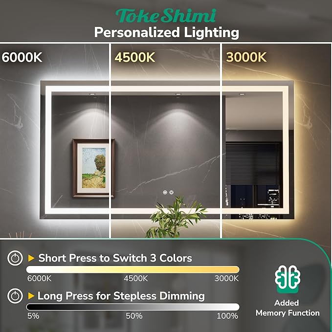 TokeShimi 48x36 Lighted Mirrors for Bathroom Wall,Front Lit + Backlit LED Mirror for Bathroom,Stepless Dimmale 3 Colors,Anti-Fog,Tempered Glass,Memory Function,Waterproof,UL Listed