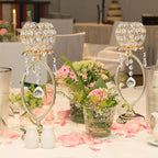2 Pcs Gold Elegant Metal Crystal Tea Light Candle Holders with Bling Crystal Pendants, Hollow Design - Wedding Table Centerpieces for Anniversary Birthday Party, Home Decor