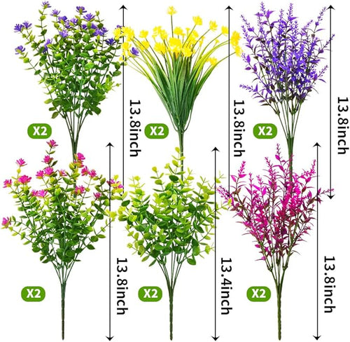 12 Bundles Outdoor Artificial Fake Flowers UV Resistant No Fade Boxwood Faux Plastic Shrubs Plants for Garden Patio Porch Window Box Home Wedding Farmhouse Hanging Décor