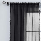 Treatmentex Modern Black Sheer Curtains for Studio 72 inches Long Bedroom Curtain Panels Living Room Bedroom Pom Pom Window Drapes 2-Pack