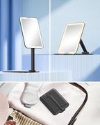 Gospire Travel Makeup Mirror with Lights and Magnification 10X, Portable Make Up Compact Tabletop with Adjustable Stand, 3 Colored Light Rechargeable Lighted LED Cosmetic Vanity- Black