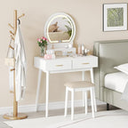 CHARMAID Vanity Desk with Mirror and Lights, Modern Makeup Vanity Table with 4 Drawers, 3-Color Dimmable LED Mirror, Girls Dressing Table and Stool Set for Small Bedroom (White)