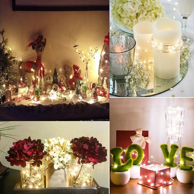 2 x Fairy Lights Battery Operated,Silver Wire Chains 8 Mode 16Ft/5Meter 50 LEDs Timer String Lights with Remote Control for Bedroom Christmas Party Wedding Decoration(Warm White)