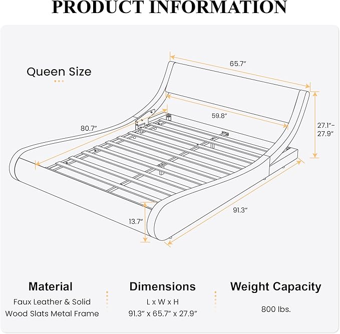 SHA CERLIN Modern Low Profile Platform Bed Frame Queen Size, Stylish Faux Leather Upholstered Sleigh Bed with Adjustable Headboard, No Box Spring Needed, White