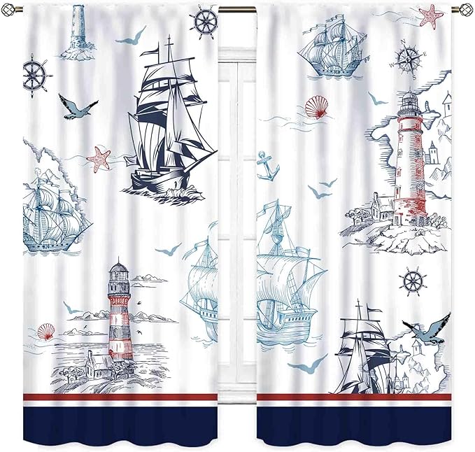 Nautical Curtains, Vintage Marine Coastal Sailboat Compass Anchor Ocean Beach Lighthouse Watercolor Blue Decorative Drapes for Bedroom Living Room Kitchen Bathroom Window 2 Panels, 84"x84" Inch
