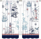 Nautical Curtains, Vintage Marine Coastal Sailboat Compass Anchor Ocean Beach Lighthouse Watercolor Blue Decorative Drapes for Bedroom Living Room Kitchen Bathroom Window 2 Panels, 63"x63" Inch