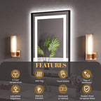 LED Bathroom Mirror,28"x36" Mirror with Black Frame, Front Light and Backlit, Stepless Dimmable, Anti-Fog, Shatter-Proof, Memory, 3 Colors, Double LED Vanity Mirror
