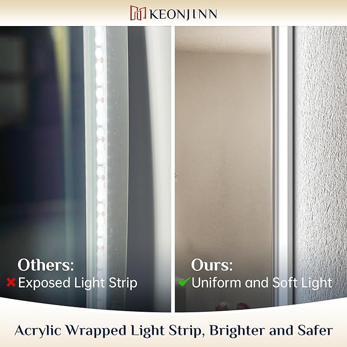 Keonjinn Bathroom Mirror with Lights 60 x 40 Inch, LED Mirror with Backlit, Anti Fog Lighted Mirror with Stepless Dimmable, UL Listed LED Driver, Waterproof, CRI90+, HD Tempered Glass