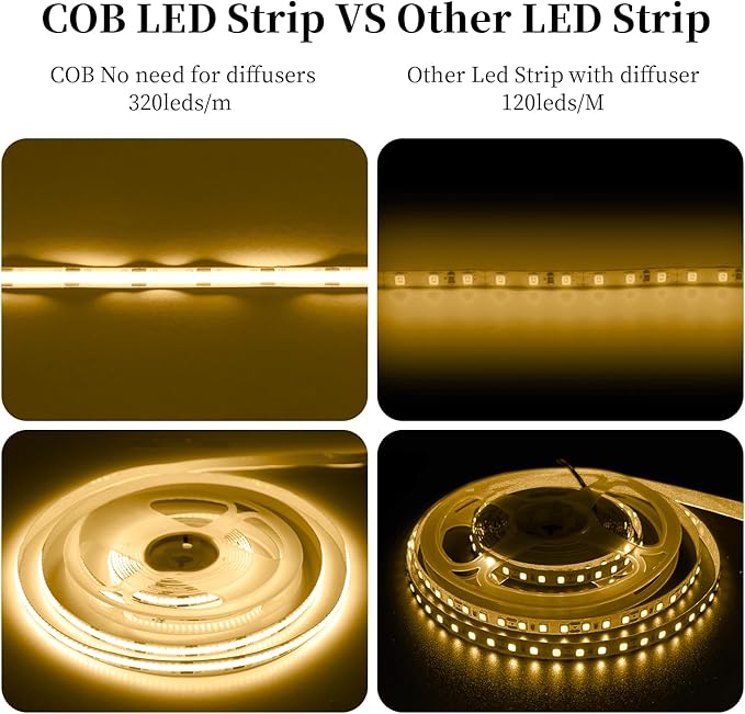 iNextStation COB LED Strip Light Warm White 3000K 32.8ft/10M DC24V CRI 93+ Flexible LED Tape Lights 8mm for Bedroom, Kitchen, TV Backlight, Cabinet, Stage, Home DIY Lighting Decor (No Plug)