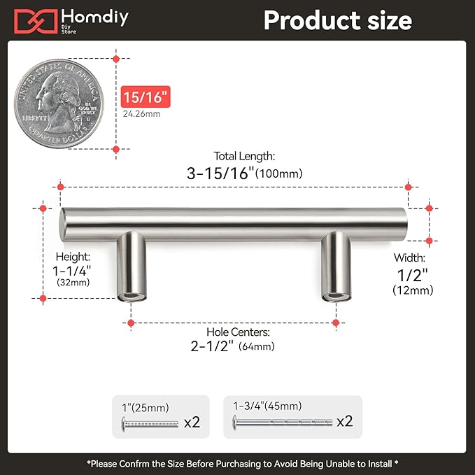 homdiy Cabinet Handles Brushed Nickel Drawer Handles 2-1/2in(64mm) Hole Center Modern Style Round Bar for Kitchen Cabinets 35Pack