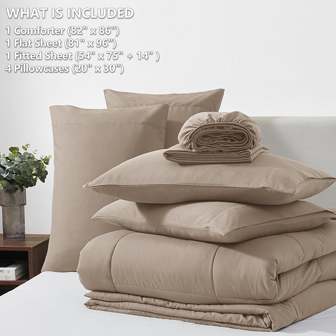 CozyLux Full Size Comforter Sets Khaki, 7 Pieces Bed in a Bag, Khaki Comforter Full Size, All Season Bedding Sets with Stitch Quilted Comforter, Flat Sheet, Fitted Sheet, Pillowcases