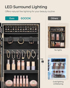 SONGMICS Mirror Jewelry Cabinet Armoire with Built-in LED Lights, Wall or Door Mounted Jewelry Storage Organizer, 3.8 x 14.6 x 26.4 Inches Hanging Mirror Cabinet, Gift Idea, Black UJJC050B01