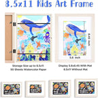 KINLINK 8.5x11 Kids Art Frames Set of 2, Solid Wood Kids Artwork Frames Changeable with Acrylic Front Opening Holds 150 Pictures, Art Frame for Kids Artwork with Mat or without Mat, White Wood