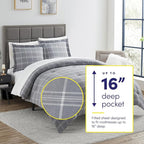 7 Piece Comforter Set Bag Solid Color All Season Soft Down Alternative Blanket & Luxurious Microfiber Bed Sheets, Twin, Gray Plaid