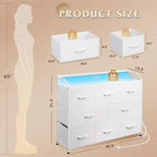 WLIVE Led Dresser for Bedroom, White Dresser TV Stand for Bedroom with LED Lights and Power Outlet, Wide Chest of Drawers for Hallway, 8 Fabric Drawers for Living Room and Entryway, Easy to Assemble