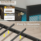 Twin Size Bed Frame with Charging Station and LED Lights, Metal Bed Frame with Headboard, Black Upholstered Headboard with 2-Tier Storage Shelves, Noise Free, No Box Spring Needed, Black