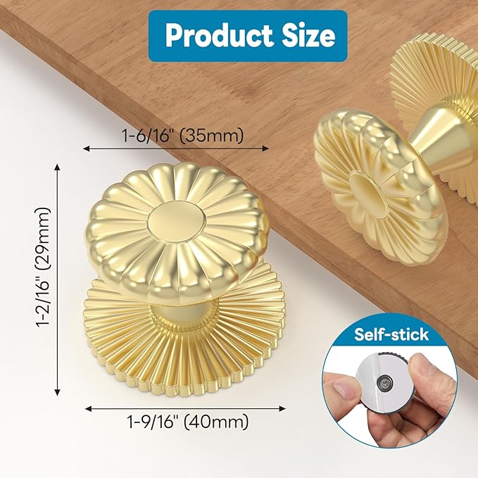 Self Adhesive Drawer Knobs, Self Stick Door Pull Handles, Zinc Alloy No Drilling Cabinet Knobs for Drawer, Closet, Window, Dresser, Sliding Barn/Glass Shower/Balcony Door (1, Gold)