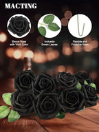 MACTING 60PCS Black Artificial Flowers Real Touch Fake Flowers with Stem Foam Roses for DIY Wedding Bouquets Table Centerpieces Bridal Shower Party Holiday Home Halloween Decorations
