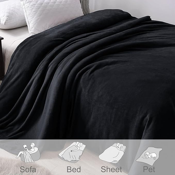 Exclusivo Mezcla Fleece Blanket King Size for Bed, Super Soft and Warm, All Season Use, Cozy, Plush, Lightweight, 90x104 Inches, Black