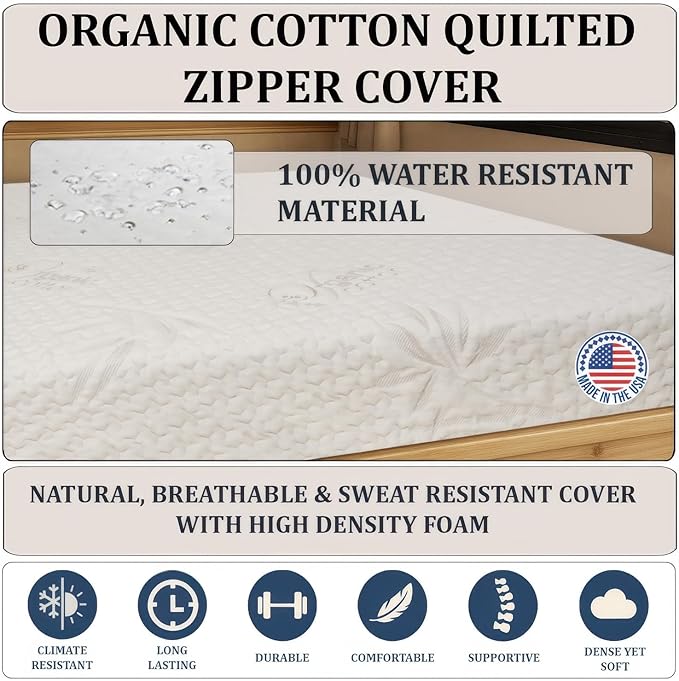 Foamma 8” x 42” x 80” Camper/RV Travel High-Density Foam Bunk Mattress, Organic Cotton Cover, Made in USA, Comfortable, Travel Trailer, CertiPUR-US Certified