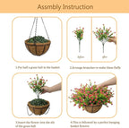 Artificial Hanging Flowers Basket for Outdoor, 16 Fake Flowers Look Real UV Resistant, Faux Hanging Plants for Porch, Balcony, Patio, Garden, Spring Summer Decor,Red